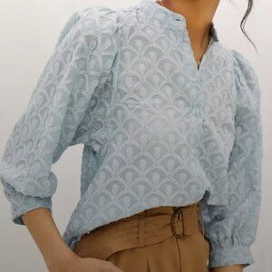Pilcro Bella Femme Buttondown Blue Embroidered Boho Blouse Anthropologie Sz Sm